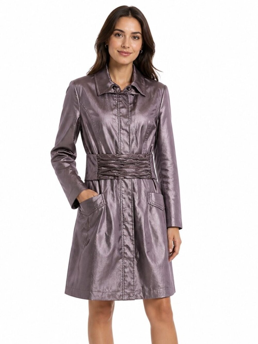 Samuel Dong Taupe Iridescent Belted Trench Swing Coat